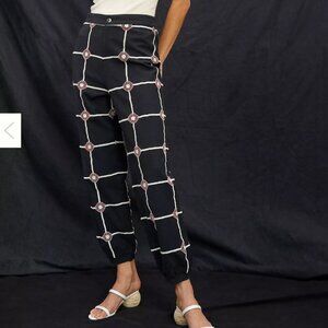 Anthro Seen Worn Kept Sold Out  Black Embroidered 100% Cotton Joggers Size XS
